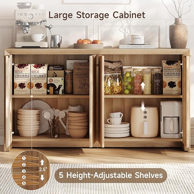 ONBRILL Fluted Sideboard Buffet Cabinet with Storage, Wooden Modern Fluted Sideboard with 4 Doors and 5 Adjustable Shelves, Coffee Bar Table for Dining Room, Hallway, Kitchen (Natural Oak)