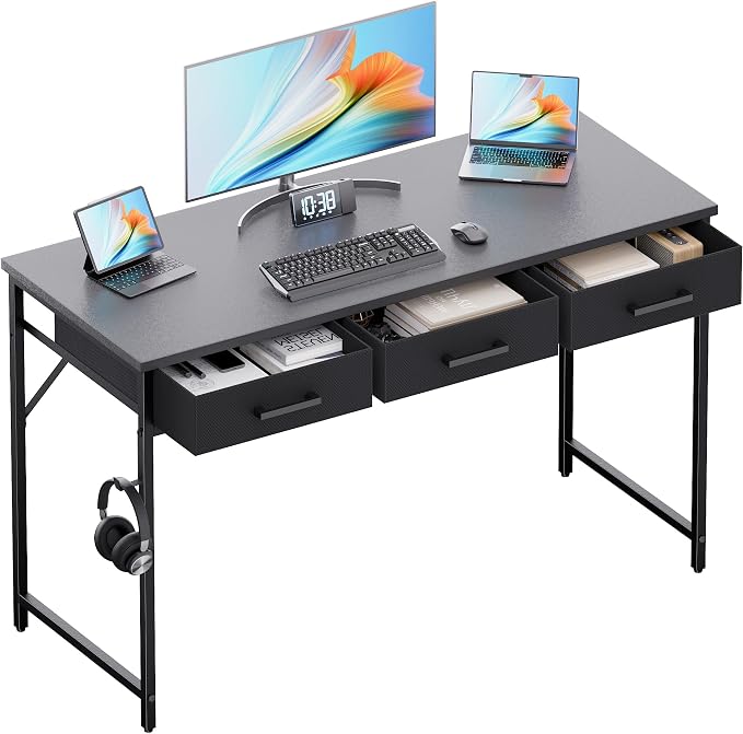 Pamray 47 Inch Small Computer Desk with 3 Drawers for Bedroom Study Writing Home Office Table for Small Spaces Grey