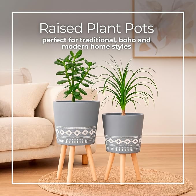 Set of 2 Resin Planters with Stands – Plant Stand Indoor Display, Outdoor Decor – Living Room Or Patio Placement – Mid–Century Style Plant Stand Home Decor – 12" & 10", Gray
