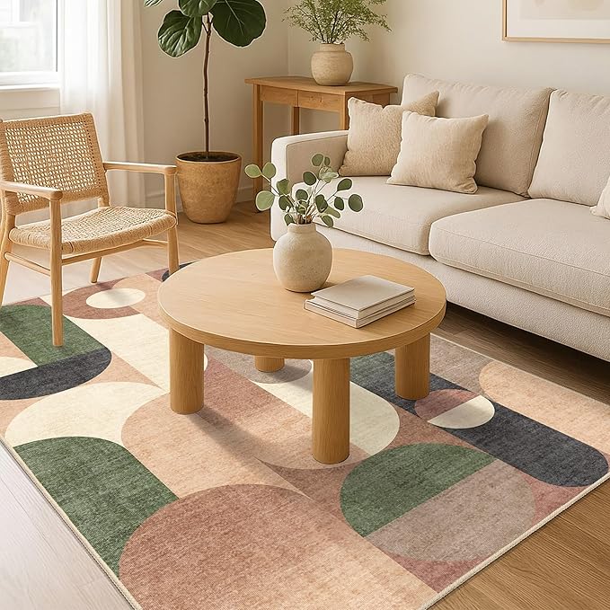 Modern Rug 4x6.5 Washable Area Rugs for Bedroom Living Room Kitchen Entryway Bedside,Small Retro Orange Geometric Non Slip Carpet