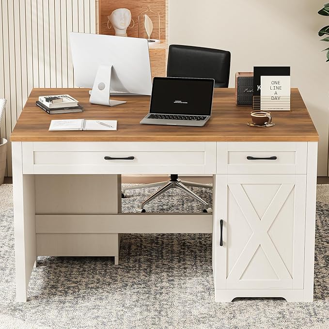 Vabches Farmhouse 47" Executive Desk,Computer Desk with Drawers and Storage Cabinet, Home Office Desk for Work and Study.