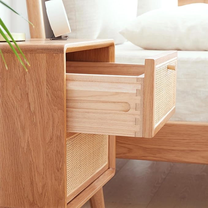 Mid-Century Modern Rattan Nightstand, 2-Drawer Solid Oak Bedside Table with Natural Rattan Fronts, Wooden Bedroom End Table (Natural Oak, 15.74”x13.78”x21.26”)