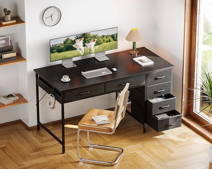 ODK Computer Desk with 6 Drawers, 48 Inch Office Desk with Storage, Reversible Desk with Headphone Hook for Home Office, Work Study Table for Bedroom, Black