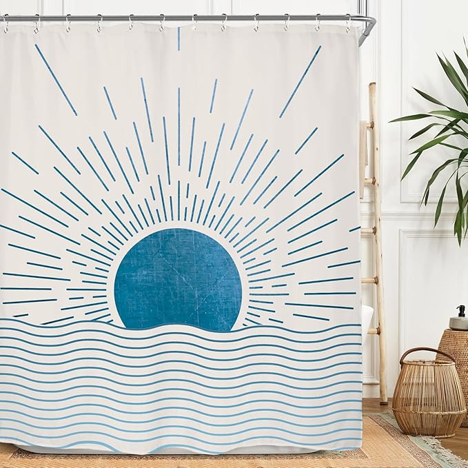 Miyotaa Blue Sun Minimalist Shower Curtain Set 60Wx71H Inches Mid Century Sunrise Sunset Vintage Aesthetic Retro Polyester Waterproof Cloth Bathroom Curtain with 12 Hooks