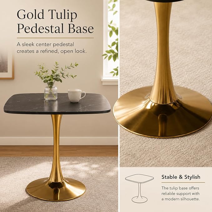 31.5" Square Dining Table for 2-4 People, Mid-Century Modern Kitchen Table with Black Marble-Look MDF Top and Gold Tulip Pedestal Base for Small Spaces, Apartment, Breakfast Nook
