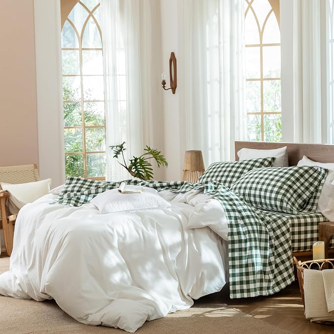 MooMee Gingham Sheet Set 100% Washed Cotton Linen Like Textured Breathable Soft w/Fully Elasticized 16-19" Deep Pocket (Buffalo Plaid Forest Green, Queen)
