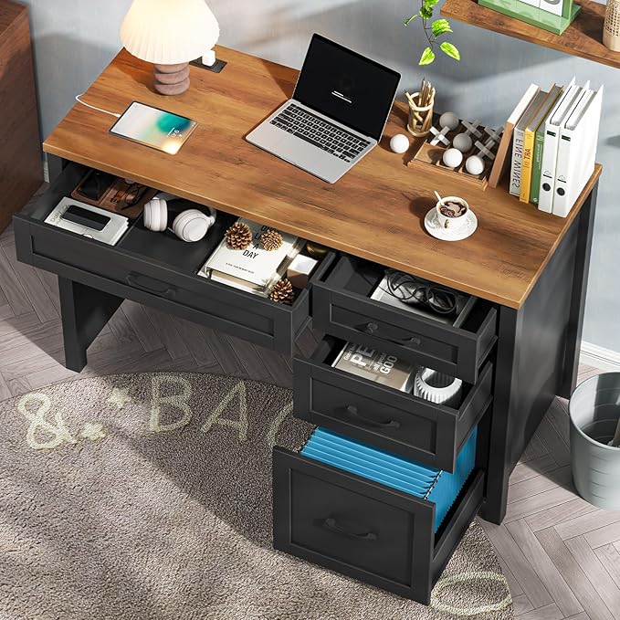 Farmhouse 47" Executive Desk with 4 Drawers, Computer Desk with File Drawer and Charging Station, Workstation for Home Office, Study.Black Brown
