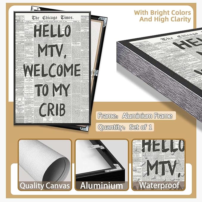 Hello Mtv Welcome To My Crib Poster Vintage Black And White Newspaper Canvas Wall Art Positive Affirming 70'S Room Aesthetic Prints Painting For Home Bedroom Dorm Wall Decor 12x18in Framed