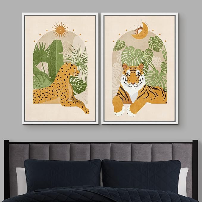 IDEA4WALL Framed Canvas Print Wall Art Set Indian Bengal Tiger Tropical Monstera Jungle Nature Wilderness Digital Art Modern Art Decorative Animal for Living Room, Bedroom, Office - 24"x36"x2 White