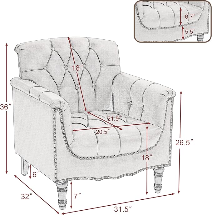 Pia Ricco Modern Tufted Accent Chair, Single Faux Leather Armchair with Nailhead Trim & Wood Legs, Comfortable Upholstered Seat for Living Room, Office - Wine Red