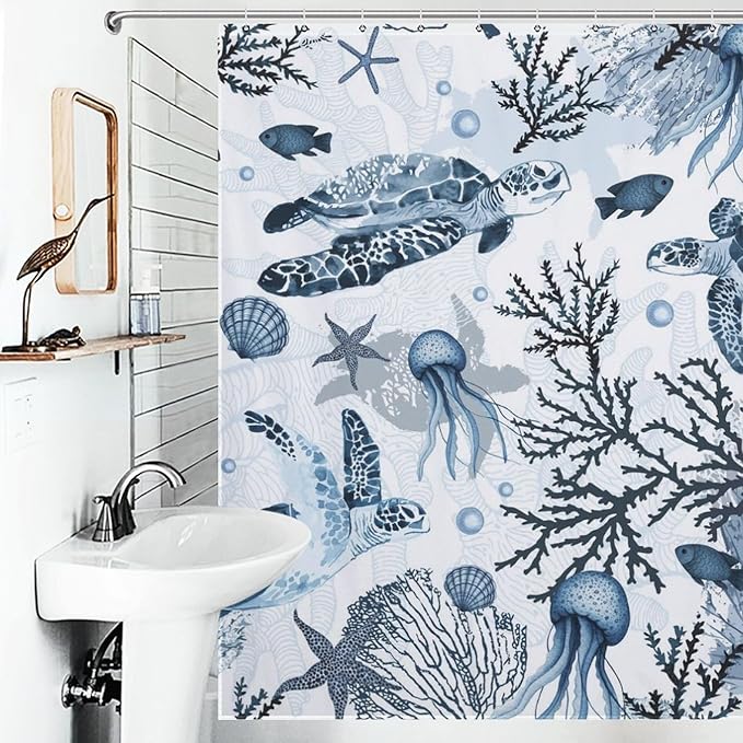 Sea Turtle Shower Curtain,Summer Blue Beach Nautical Ocean Starfish Seashell Animal Theme Bathroom Curtain Waterproof Fabric Machine Washable with Hooks,72x72Inch