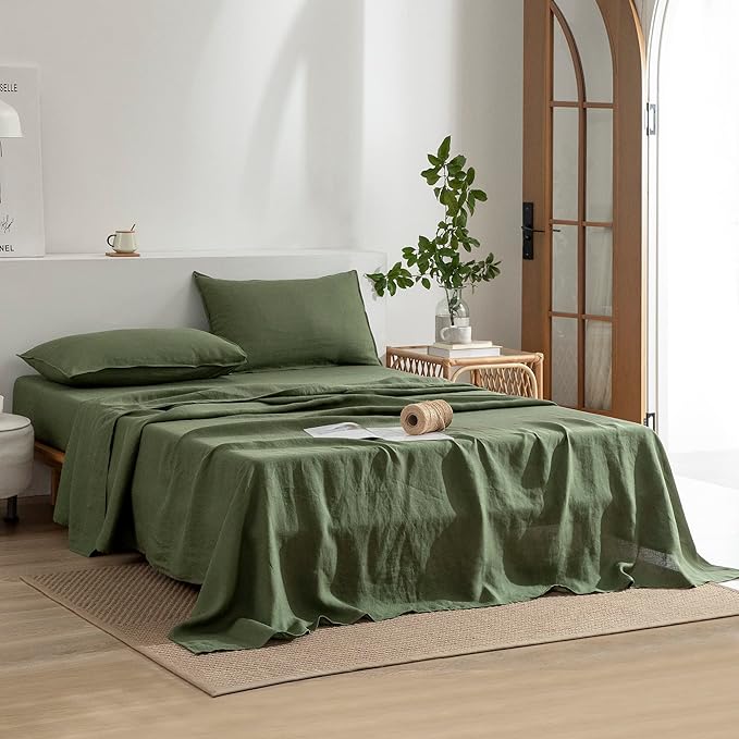 EVERLY Linen Sheets Set Full Size,100% French Stonewash Pure Linen Sheets Set,4Pieces (1Flat Sheet,1Fitted Sheet,2Pillowcase) Suitable for Hot Sleepers,Deep Pocket Natural Bedding Set-Mossy Green