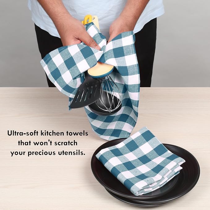 Gingham Check Kitchen Towels, 4 Pack, 16x26 Inches, 100% Cotton - Highly Absorbent, Fast Drying, Dish Towels for Drying Dishes, Hand Cleaning Towels with Hanging Loop, Teal and White