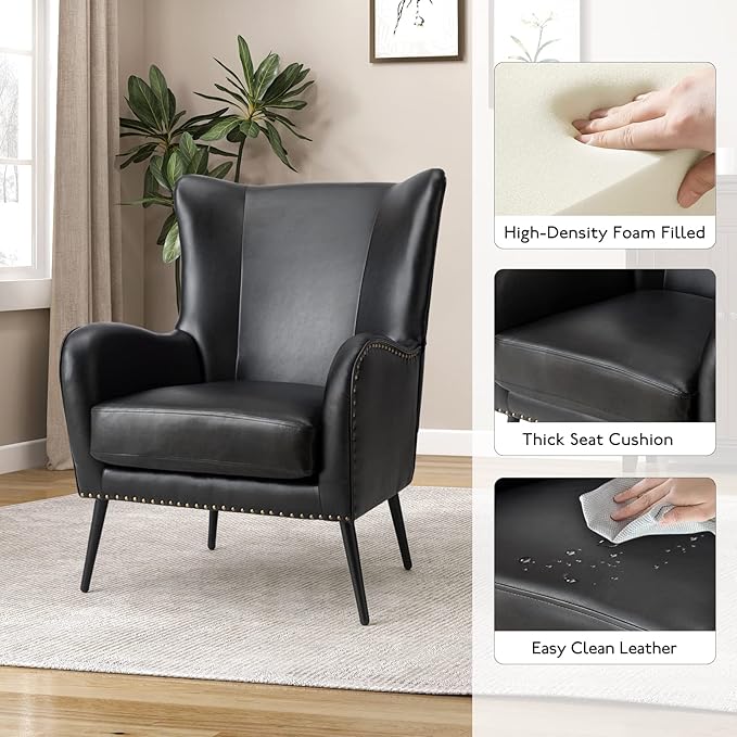 HULALA HOME Faux Leather Accent Chair with Removable Cushion, Comfy Upholstered Armchair with Black Metal Legs & Nailhead Trim Wingback Vanity Chair for Reading Living Room Bedroom, Black