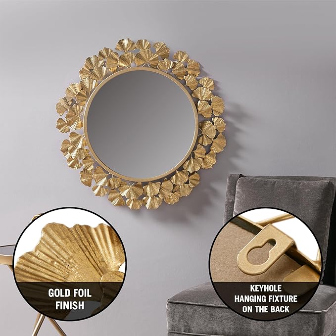Martha Stewart Wall Décor Large Gingko Leaf Round Wall Mirror for Living Room, Iron Metal Plate Frame Antique Finish, Ready to Hang Bedroom Decoration, Eden, 30.5", Gold
