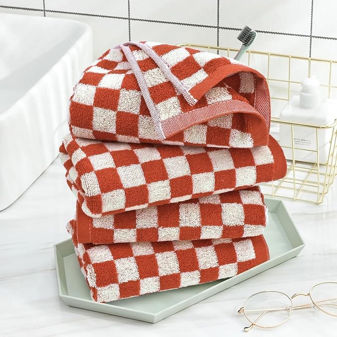 Jacquotha Checkered Hand Towels (13x29 Inches) - Kitchen Hand Towels Pack of 4, Absorbent Cotton Rags for Bathroom Face Gym Pool Swim