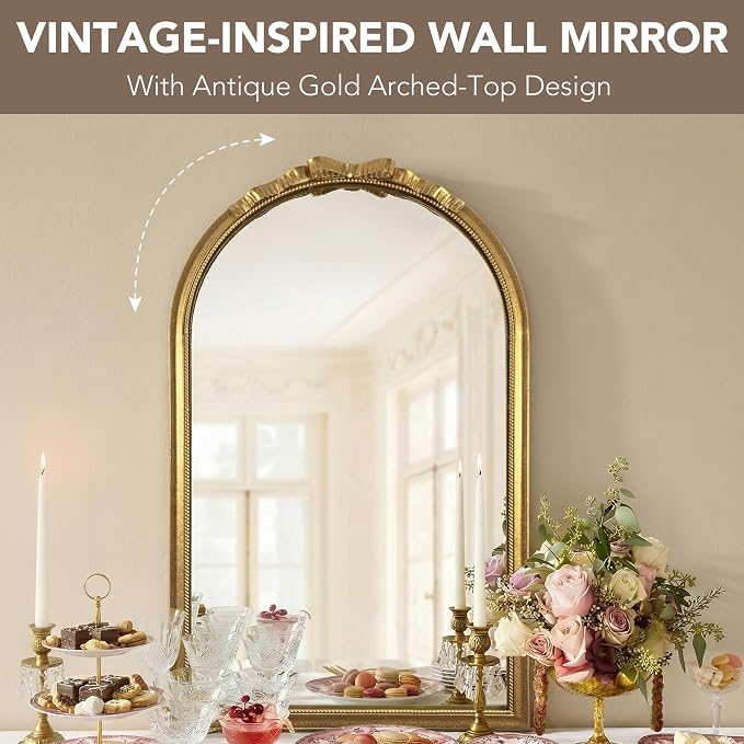 Vintage Arched Gold Carved Bow Wall Mirror - 24''x39''Champagne Gold Large Baroque Wall-Mounted Mirror - Twisted Rope Metal Frame - Antique French Ornate Mirror for Entryway/Hallway/Bathroom