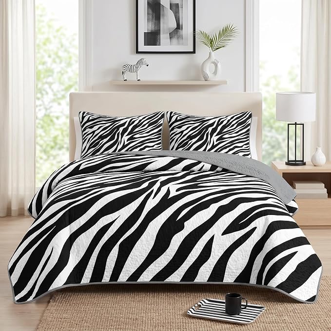 Pamnest Quilt Set Twin Size, Zebra Stripe Animal 2 Pcs Soft Bed Cover Bedding Set for Kids and Adults, Black White Lightweight Bedspread Coverlet with Pillow Sham for All Season