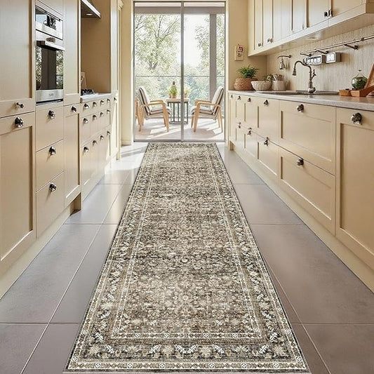 OPPODREAM Vintage Brown 3x10 Runner Rug, 3 x 10 Retro Washable Rug Non Slip, Low-Pile Faux Wool Carpet, Distressed Floor Mat for Kitchen, Hallway, Entry-Way, Entrance, Indoor Back Door