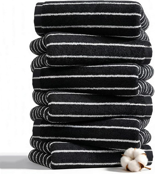 Premium Cotton Striped Hand Towels, White with Black Stripes, 13 x 29 Inches, Lightweight Quick-Dry Absorbent Bathroom Towels, 6 Piece Set (Black)