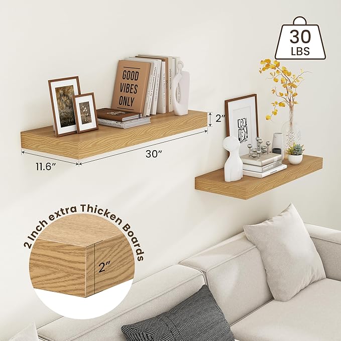 30 Inch Floating Shelves | 12 Inch Deep Oak Floating Shelves Set of 2 | 30" W x 12" D Rustic Wood Shelves for Wall | Deep Oak Shelves for Living Room Bathroom Laundry Room Kitchen