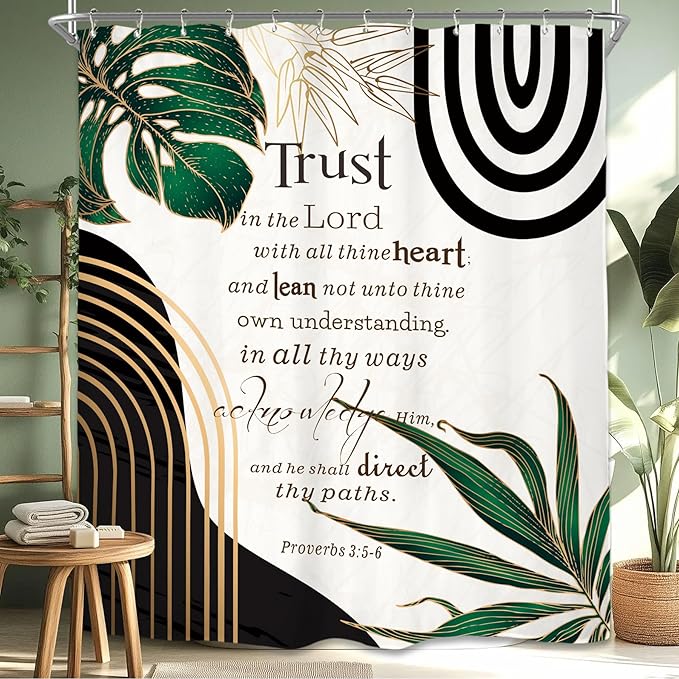 Miyotaa Abstract Bible Quotes Shower Curtain Set 60Wx71H Inches Minimalist Aesthetic Modern Emerald Green Contemporary Plant Leaves Neutral Positive Waterproof Bathroom Curtain with 12 Hooks