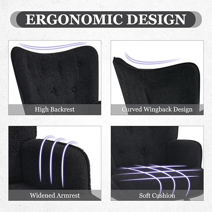 Furnimart Mid-Century Modern Accent Chairs Set of 2, Black Sherpa Wingback Reading Chairs with High Backrest, Armchair for Living Room, Bedroom, Waiting Room