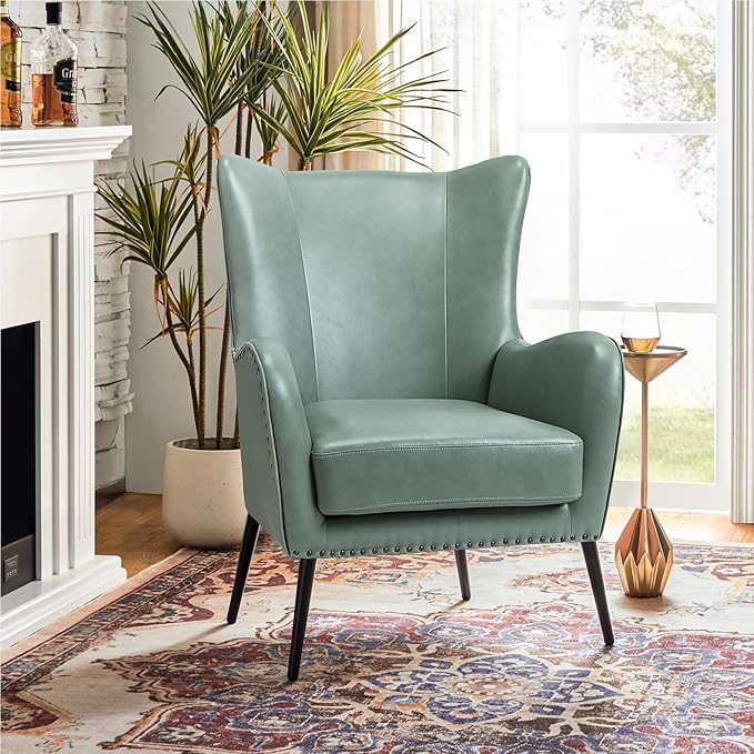 HULALA HOME Faux Leather Accent Chair with Removable Cushion, Comfy Upholstered Armchair with Black Metal Legs & Nailhead Trim Wingback Vanity Chair for Bedroom Reading Living Room, SAGE