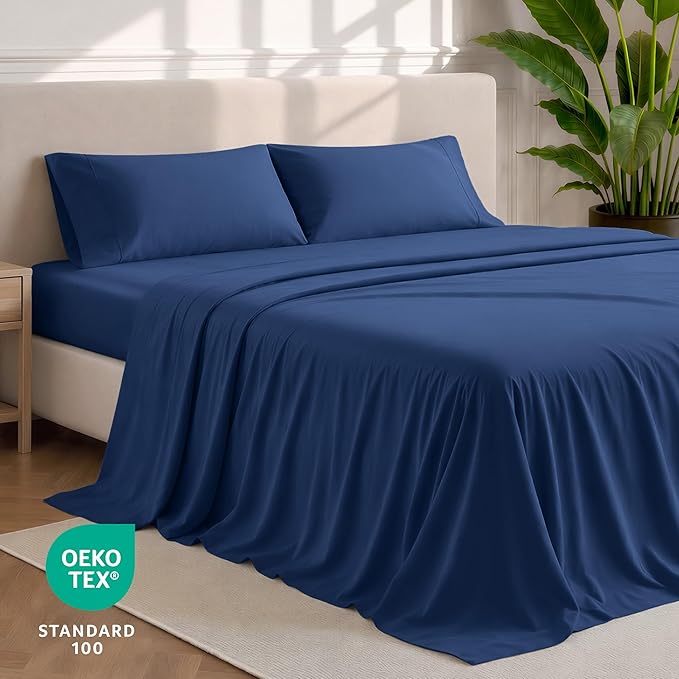 Bare Home Split Head Flex King Sheet Set - 1800 Ultra-Soft Microfiber Bed Sheets - Double Brushed - Deep Pockets - Easy Fit - 4 Piece Set - Bedding Sheets & Pillowcases (Dark Blue)