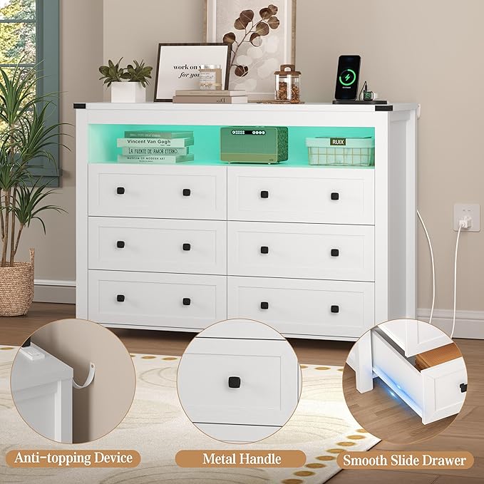White Dresser 6 Drawer Dressers for Bedroom with LED Lights, Charging Station, Wood Chest of Drawers with Metal Handles, Modern TV Stand Storage Cabinet for Living Room, Hallway, Entryway