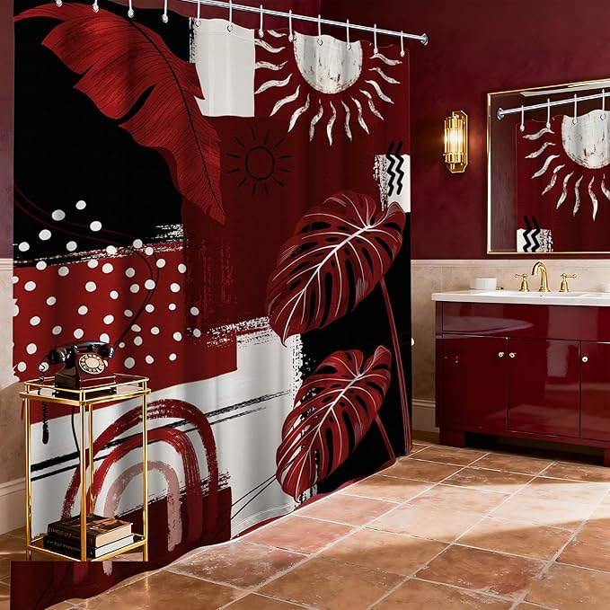 Black and Red Mid Century Modern Shower Curtain Bohemian Abstract Burgundy Shower Curtains for Bathroom Decor Sets, Waterproof Cloth Fabric with Hooks, 70x78 Inch