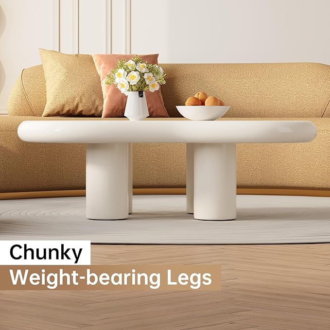 46.06" White Large Cloud Coffee Table, Modern Round Edge Coffee Table with 4 Sturdy Support Legs and 2.67" Thick Tabletop,Easy Match for Living Room, Bedroom, Balcony,Patio
