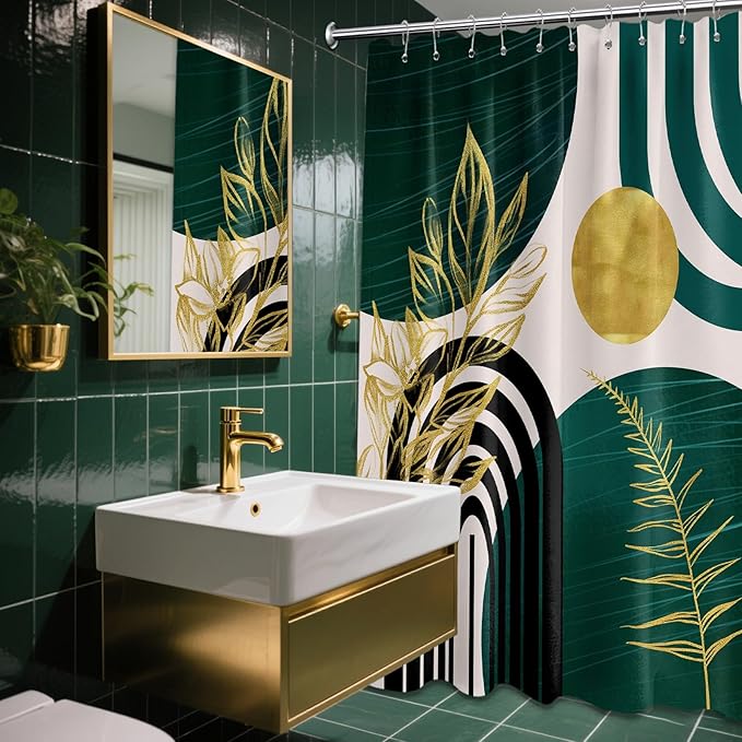 Dark Green Shower Curtain Boho Mid Century Modern Emerald Hunter Green and Gold Shower Curtains for Bathroom Decor, Waterproof Cloth Fabric with Hooks, 60" W x 72" L