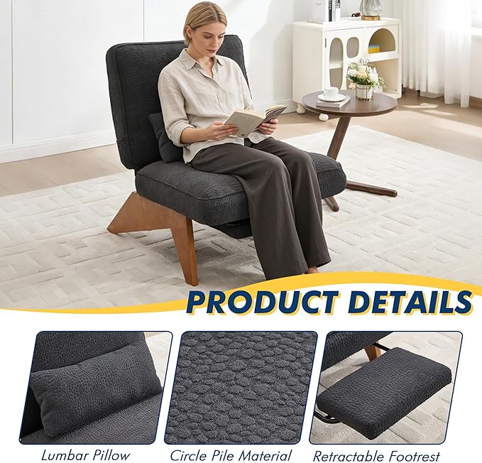 Accent Chair with Ottoman Adjustable Backrest, Stripe Living Room Chair Indoor Lounge Chair with Build-in Footrest Set, Modern Chair Cozy Reclining Chair for Reading Room, Dark Gray