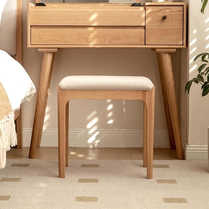 Vanity Stool, Ash Wood Vanity Chair, Wooden Chair for Vanity with Upholstered Cushions for Living Room, Bedroom