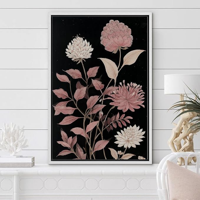 Woodrose Framed Canvas Print Wall Art Soft Pink Floral Arrangement Vintage Style Botanical Illustrations Modern Art Minimalist 3D Colorful Ultra for Living Room, Bedroom, Office - 24"x36" WHITE
