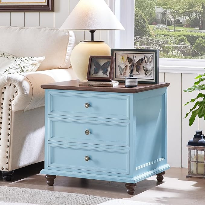 24" Wide Farmhouse Night Stand Set of 2,Large End Table with 3 Drawers & Metal Handle,Light Blue Wood Dresser for Bedroom Cabinet, Bed Side Table Chest of Drawers,Nightstand for Living Room