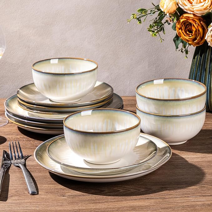 LERATIO Ceramic Dinnerware Sets for 4,Porcelain Plates and Bowls Sets,Handmade Reactive Glaze Dishes Set,Chip Resistant and Scratch Resistant | Oven&Dishwasher & Microwave Safe,Service for 4