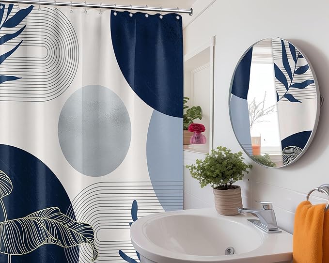 Navy Blue and White Shower Curtain Mid Century Modern Dark Blue Boho Shower Curtains for Bathroom Decor MCM Mens Cool Bath Curtain Sett, Waterproof Fabric with Hooks 70 x 96 Inch