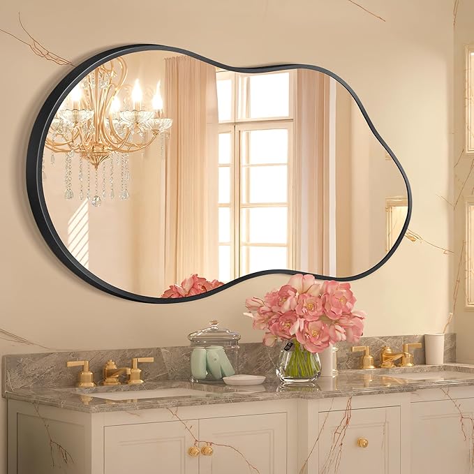 Irregular Wall Mirror - Wall Mirrors Decorative 24"x36" Black Asymmetrical Mirror Tempered Glass Aviation Aluminum Alloy Frame for Bathroom, Bedroom, Living Room, Cloakroom, Entryway