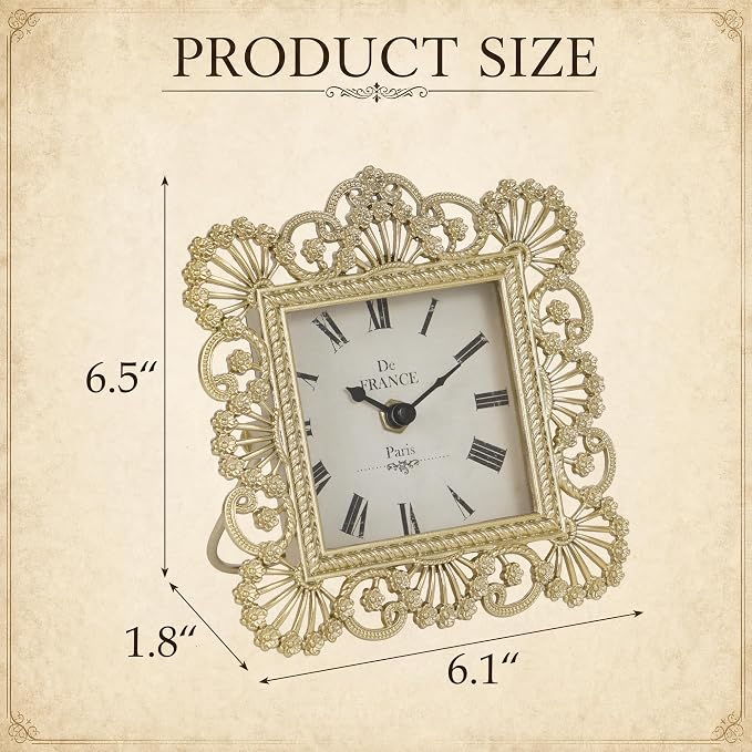 NIKKY HOME Gold Table Clock, Shabby Chic Decorative Desk Clock, Vintage Desk Clocks Non-Ticking Battery Operated for Living Room Bathroom