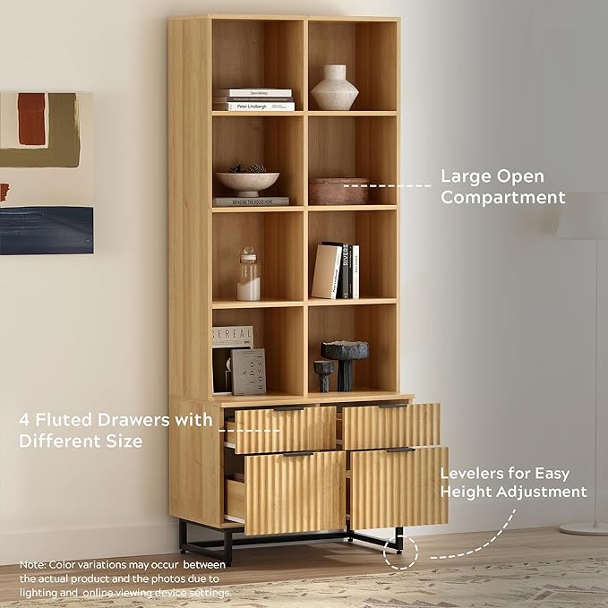 Fluted Bookshelves with Drawers Set of 2, 71" Tall Bookcases 4 Tier Display Cabinet Storage Floor Standing, Versatile Modern Large Book Shelf for Home Office Living Room (Natural Oak)