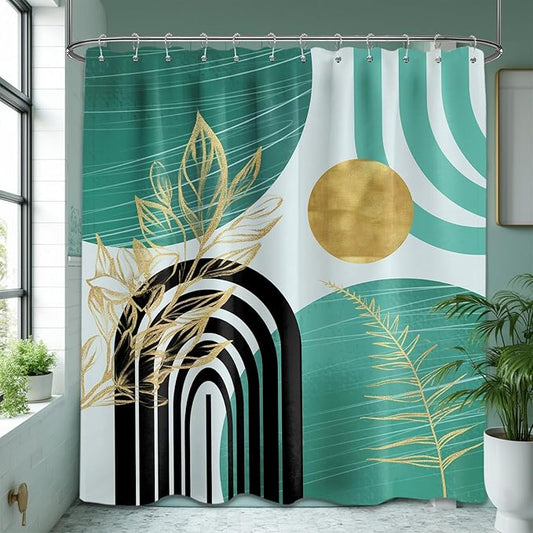 Teal Blue and Gold Shower Curtain Boho Mid Century Turquoise and Aqua and Black Shower Curtains for Bathroom Decor, Waterproof Cloth Fabric with Hooks, 70" W x 72" L