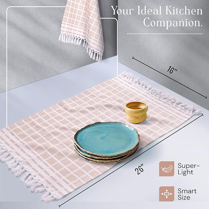 Matrix Dobby Kitchen Towels Set of 4, 100% Cotton, Combo Pack, 16"x26", Absorbent Tea Towels with Handmade Tassels, Reusable Cleaning Cloths - Orange, Mint Green, Sky Blue, Beige