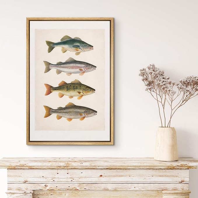 MUDECOR Framed Canvas Print Wall Art Vintage Freshwater Fish Scientific Illustrations Minimalism Decorative Bohemian Zen for Living Room, Bedroom, Office - 24"x36" NATURAL