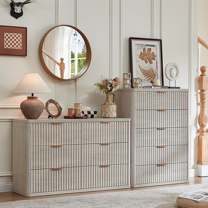 LEYAOYAO Fluted 5 Drawers Dresser Set of 2, 41" Tall Modern Chest of Drawers with Metal Handle, Curved Profile Dresser TV Stand, Wooden Drawer Organizer for Bedroom, Living Room, Hallway, Lightgrey