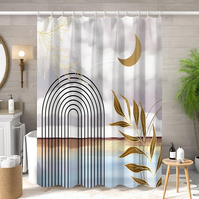 Mid Century Boho Shower Curtain Abstract Modern Minimalist Geometric Arch Bathroom Curtain Gold Leaves Aesthetic Waterproof Bath Decor Polyester Fabric with Hooks 72x72 inch