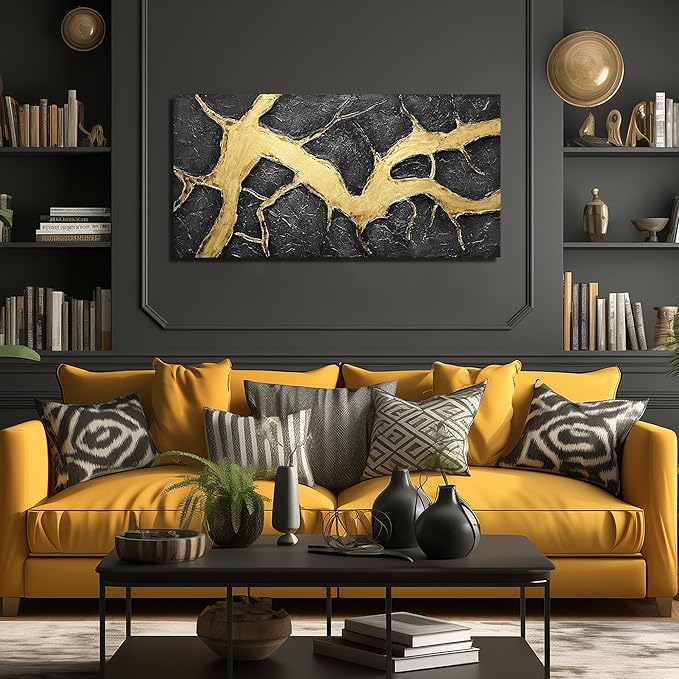 DNIEOTU Abstract Canvas Wall Art for Living Room, Black and Gold Wall-Decor for Bedroom, 3D Textured Paintings for Hallway Office, Size 47 x 24 Inches Hand Painted