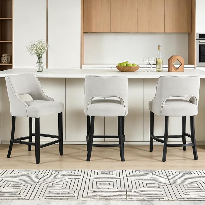 ClinQ Bar Stools Set of 6, 26" H Counter Height Bar Stools with Backs, Modern Upholstered Accent Barstools with Curved Footrest for Kitchen Island, Dining Room and Bar, Grey-Black Legs