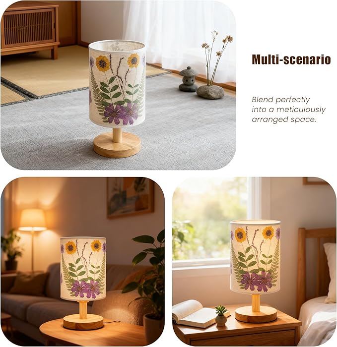Artisan Crafted Floral Pressed Nightstand Lamp - Handmade Vintage Table Light with Adjustable Warm Glow for Bedroom, Office, or Living Room Decor (Purple)